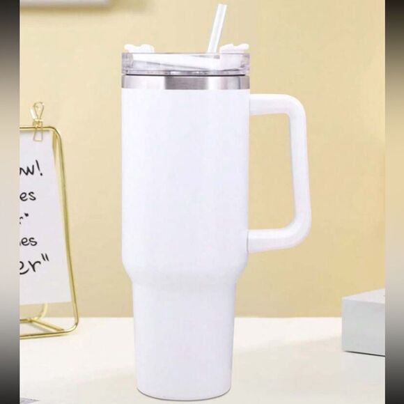 Tumbler White Stainless Steel 40 Oz with Straw Handle Travel Cup Hot Cold Water - Picture 3 of 8